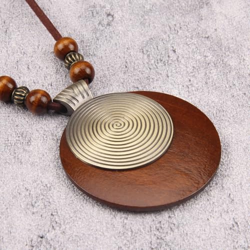 Kelake Leather Necklace for Women Men Teen Vinatge Boho Alloy Pendant Choker Jewelry Fashion Sweater Necklaces with Adjustable Genuine Leather Chain - color: Brown Wood & Gold 2 Layers Round Pendant