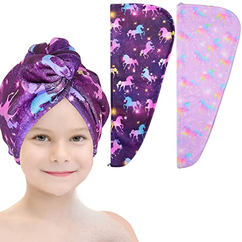 Basumee Microfiber Hair Towel Wrap for Kids 2 Pack Rapid Drying Hair Towel with Button Hair Turbans for Wet Hair Wraps Head Towel Wrap for Women and Girls, Dark Unicorn - color: Dark Unicorn