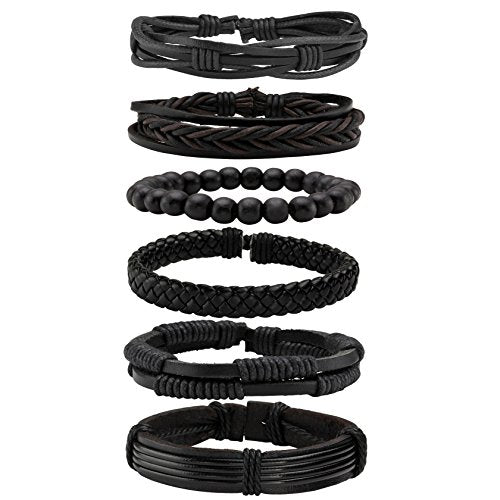 MILAKOO 6 Pcs Punk Braided Leather Bracelets for Men Women Cuff Wrap Wristbands Adjustable - color: Black