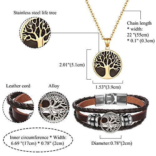 Cupimatch Men Tree of Life Symbol Pendant Necklace Leather Bracelet, Stainless Steel 22 inch Chian Jewelry Set (Black) for Father's Day - color: Brown