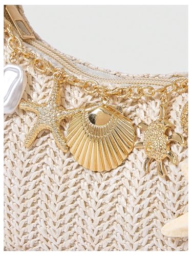 MakeMeChic Women's Straw Beach Purse Seashell Beaded Shoulder Handbags Summer Vacation Bags - color: Multicolor Starfish