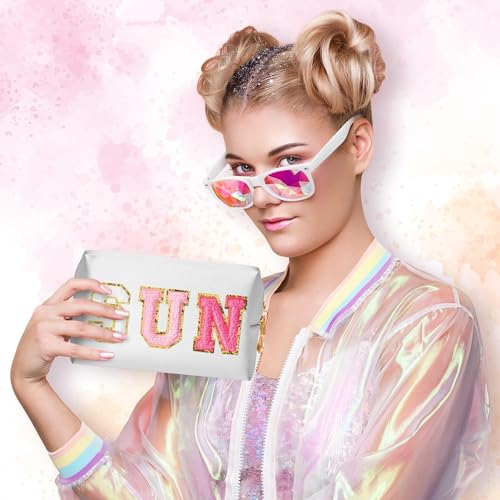Preppy Patch Sun Cosmetic Bag Summer Sunscreen PU Leather Toiletry Makeup Bag Portable Waterproof Makeup Pouch Travel Beach Pouch Daily Use Zipper Purse for Women Girls Birthday Gifts - color: White, style: Sun