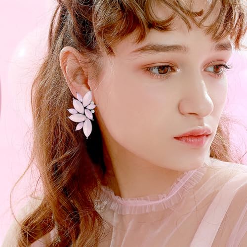 Bohemian Statement Sparkly Colourful Fancy Rhinestone Crystal Flower Dangle Drop Stud Earrings Vintage Wedding Bridal Prom Earrings for Women - color: Light Pink