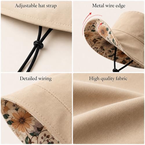 HUAMULAN Women Summer Sun Hat Wide Brim Wired Edge Floral Beach Bucket Hats Reversible Foldable Travel UV Protection Lady Hat - color: M2320-khaki