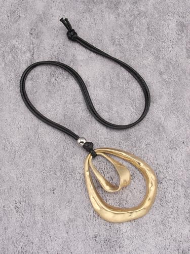 GelConnie Leather Necklace for Women Round Wooden Pendant Long Leather Choker Vintage Sweater Necklace Gold Chunky Boho Necklaces for Women - style: Gold 2 Circles Pendant