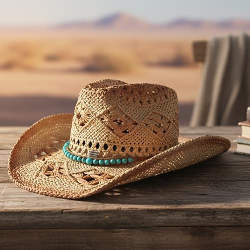 Hat Band for Cowboy Cowgirl, Turquoise Hand Made Replaceable Beaded Belt for Panama Fedora - color: Little turquoise