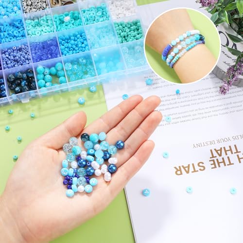 Blue Clay Beads for Bracelet Making Kit, 24 Colors 3500pcs Friendship Bracelet Making Kit, Small Glass Beads for Jewelry Making, Blue Ocean Series Colorful Crystal Beads and Crafts DIY Gifts - color: 24 Color-D