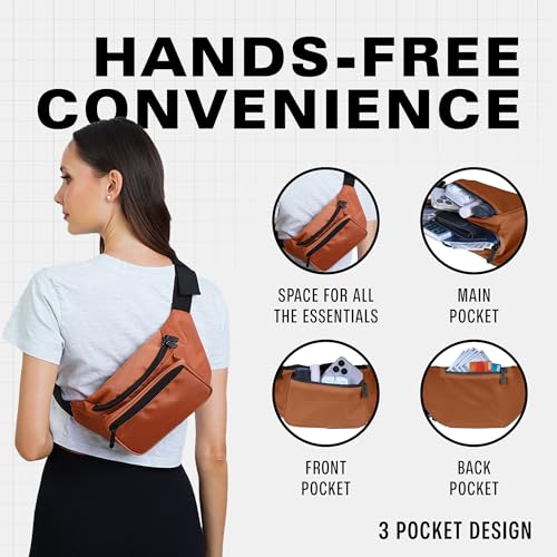 Brown Fanny Pack Belt bag - Crossbody Waist Bag for Men or Women - Hands-Free, Waterproof Large Bumbag for Hiking, Running, and Travel - color: Brown Classic