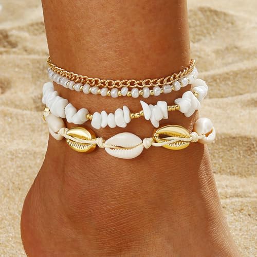 Beach Anklets for Women Boho Beaded Ankle Bracelets Set Adjustable Dainty Gold Anklets Stackable Hawaiian Vacation Beachy Pearl Seashell Starfish Conch Foot Jewelry - color: 4PCS Anklets