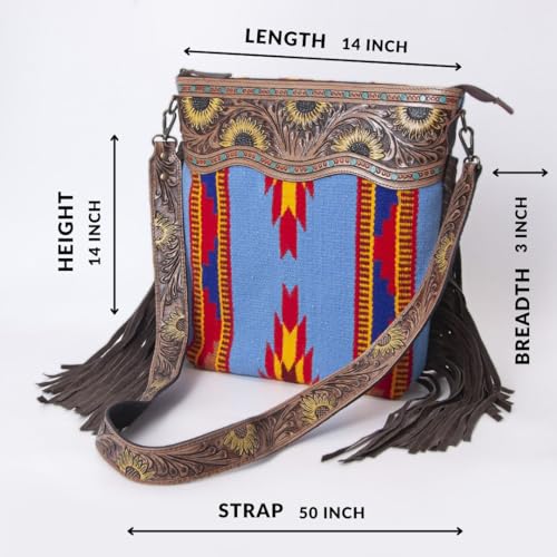 Merbaa Women Handtooled woolen saddle blanket hand woven Crossbody Bag - color: Blue