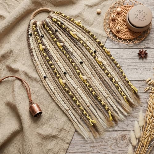 SEIKEA Boho Braided Ponytail Extension on Hair Tie, 16" Full Volume Lightweight Viking Dreadlock Ponytail Braid in Dreadlock Extensions with Beads and Shells, Festival Hair Accessories for Women Girls - color: Sun-Kissed Sandy Blonde