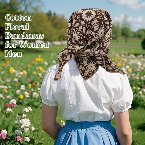 Floral Bandanas for Women Men, 27" x 27" Large Cotton Bandana Headband Head Wraps Hair Scarf for Beach Camping - color: Brown Floral-lily of the Valley