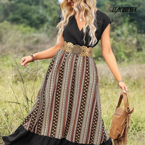 LEACOOLKEY Women's Boho Disc Belt Wide Western Leather Belt Vintage Concho Waist Belts for Dress Jeans - color: A-gold, size: Fits 27"–33" (Waist/Hips), style: Style a