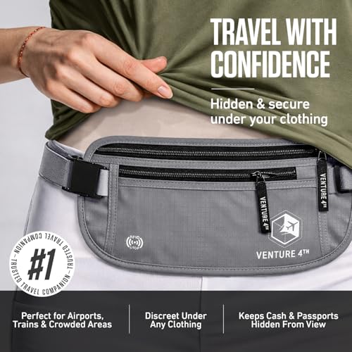 VENTURE 4TH Money Belt for Travel – Hidden Under-Clothes RFID Blocking Passport Holder & Slim Travel Wallet Pouch for Men & Women to Protect Cash, Cards & Documents (Silver) - color: Silver