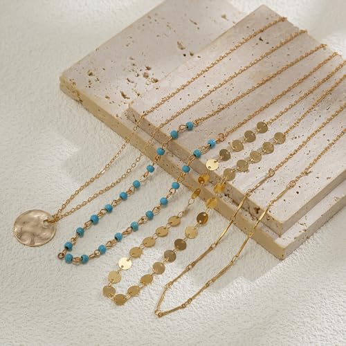 Layered Boho Necklaces for Women Gold Coin Pendant Necklaces Stackable Turquoise Choker Necklace for Women Western Jewelry - style: Style-4