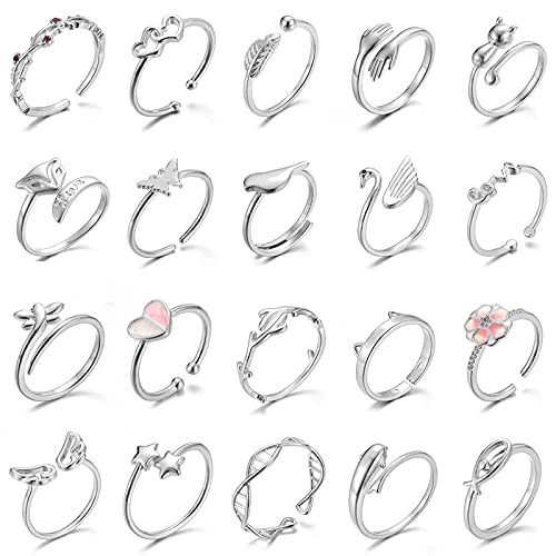 TAMHOO 20 Pcs Adjustable Rings Set for Women - Finger Rings Pack Stackable Rings for Teens- Cute Rings for Teen Girls -in Gold and Silver Tone - color: #2-silver tone