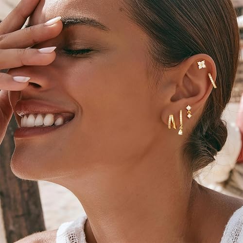 M MOOHAM Flat Back Earring Stacks for Women, Hypoallergenic 14k Real Gold Plated Hoop Stud Cartilage Earrings Stack Set Small Cute Helix Huggie Hoop Drop Earrings Trendy Jewelry Gifts for Women - color: 14K-Gold-Plated