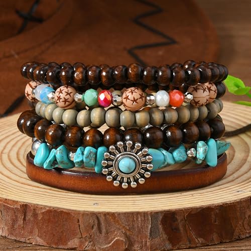 Long tiantian Western Turquoise Beaded Bracelet Set for Women Stackable Cowgirl Bracelets Boho Concho Jewelry Country Concert Rodeo Outfit Accessories Gifts - color: E4:western wooden dress