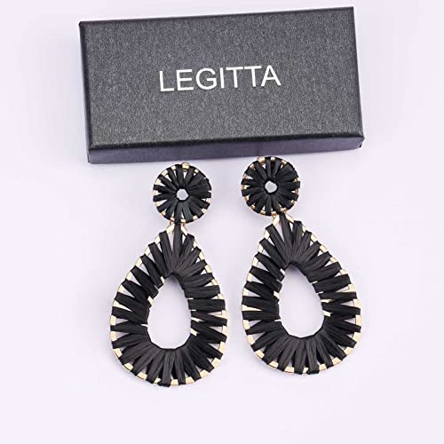 Raffia Teardrop Dangle Earrings Handmad Statement Drop Earrings - color: Black