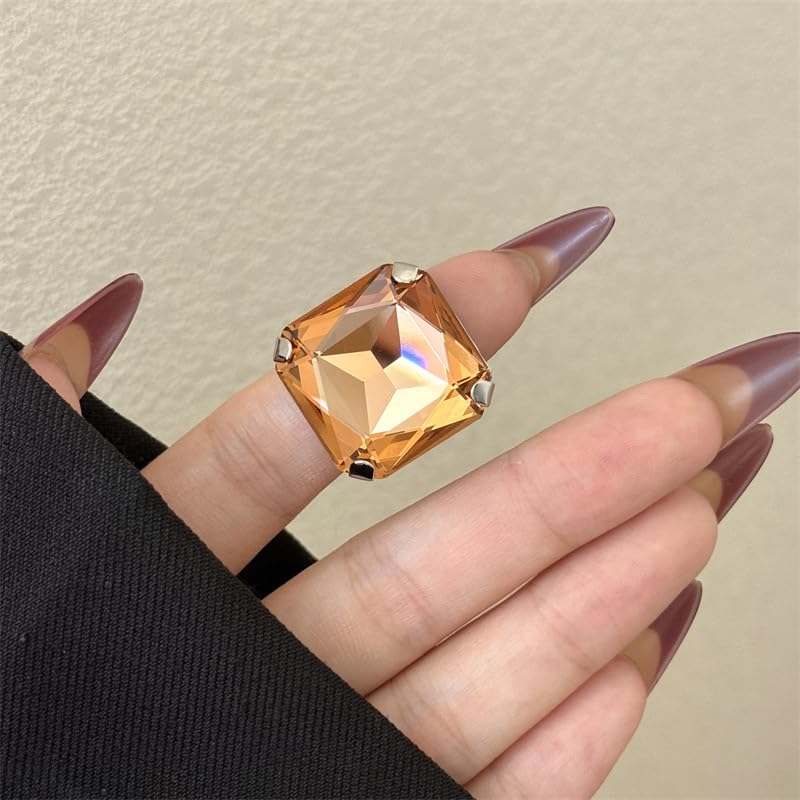 Square Large Rhinestone Exaggerated Statement Ring for Women Sparkling Thick Chunky Geometric Big Crystal Stone Finger Knuckle Band Rings Open Adjustable Wedding Brides Cocktail Prom Party Jewelry - color: Champagne