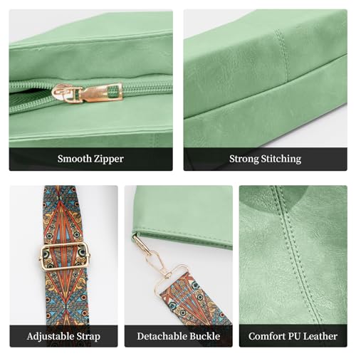 Hobo Bags for Women Crossbody Bag Guitar Strap Purse Vegan Leather Shoulder Handbags Boho Purses Tote Bucket Bag - color: Light Green