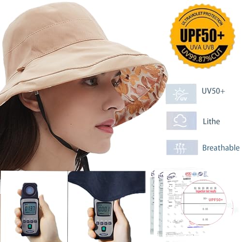 vidsel Womens Sun Hats Wide Brim Reversible Bucket Cotton Hat Packable Summer Travel Cap with Hat Clip,UV Protection - color: Khaki, size: Medium