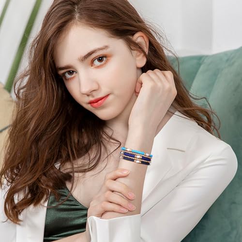 GOOJIDS Surfer Heishi Clay Bead Bracelets for Women Bohemian Stackable Gold Plated Beaded Stretch Bracelets Elastic Layering Friendship Bracelets Set Boho Jewelry - color: B-Blue Surfer Color & Gold Bead