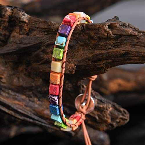 YGLINE Boho Handmade Wrap Leather Tube Crystal Stone Bracelet for Women - color: Chakra Cube