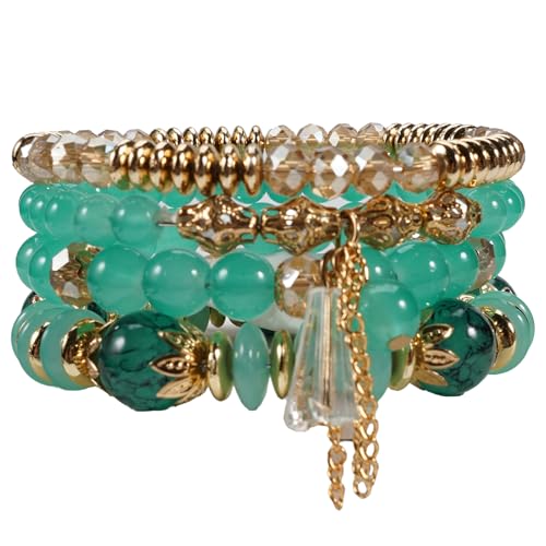 Bohemian Bracelet Sets for Women - 4-Pack Stackable Stretch Bead Bracelets with Black＆White Crystal & Gold Accessories, Multi-Layer Boho Jewelry - color: dark green