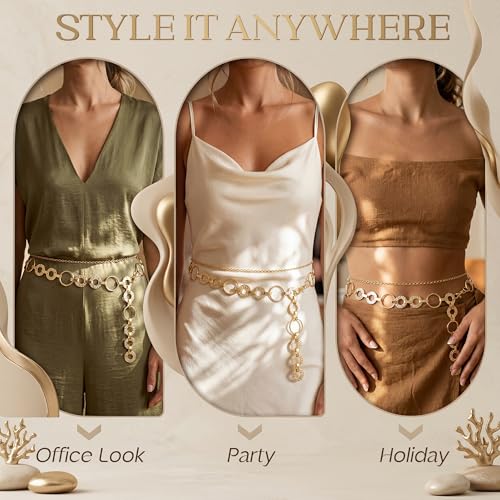 Florideco Waist Chain Belt for Women, Layered Belly Chain, Waterproof Boho Pearl Concho Cuban Body Chain, Adjustable Summer Beach Coachella Fashion Jewelry for Jeans Dresses - style: Gold Plated-Circle Chain