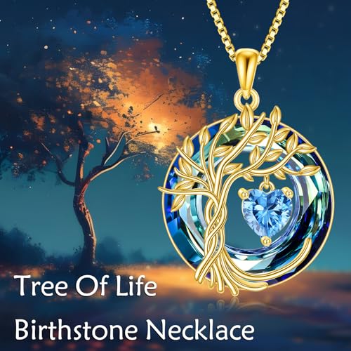 POPLYKE Mothers Day Gifts for Mom Her Wife Tree of Life Necklace 925 Sterling Silver Birthstone Pendant with Crystal Anniversary Birthday Wedding Jewelry for Women - color: 12-Dec-Blue Topaz, style: 18K Gold Plated-Blue Crystal