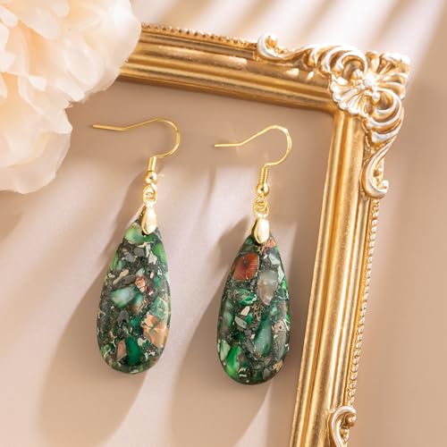 Stone Drop Earrings for Women Earrings Teardrop Jasper Stone Dangle Earrings - color: Brownish Green-Golden Hook