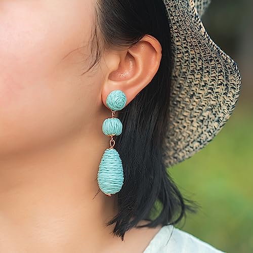 Boho Raffia Earrings Statement Dangle Earrings Cute Teardrop Ball Earrings Colorful Summer Jewelry Handmade Rattan Earrings for Women - color: Lime Green