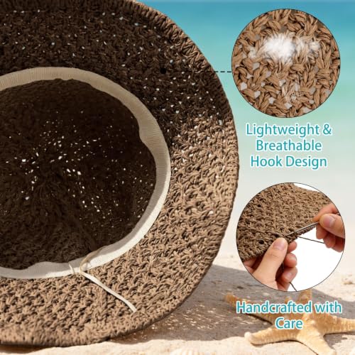 Sun Hat for Women Beach Hat Straw Bucket Hat Summer UV Protection, Packable Breathable Crochet Style - color: 1pack-coffee