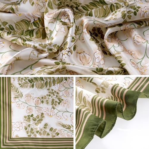 Pistha Head Scarf Bandana for Women, Satin Scarf for Hair, Large Square Silk Bandana Headscarf for Women and Men 35 Inch - style: Flower-light Green