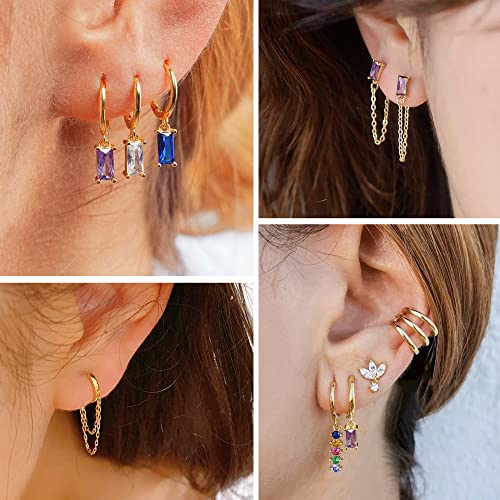 BOUTIQUELOVIN 14K Gold Stud Earrings Set for Women, for Multiple Piercing Silver Plated Studs Earrings and Zirconia Earring Set Small Huggie Hoop Chain Earing - color: 6Pairs Purple