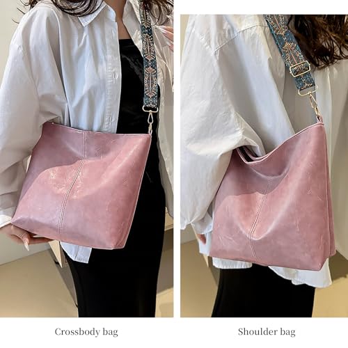 Hobo Bags for Women Crossbody Bag Guitar Strap Purse Vegan Leather Shoulder Handbags Boho Purses Tote Bucket Bag - color: Pink