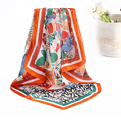 AWAYTR 27.5” Silk Satin Square Head Scarf - 4PCS Satin Head Scarves for Women Hair Kerchief Bandanas Sleeping Head Wraps - color: Flowering Leaves (Beige/Orange/Navy/Red)