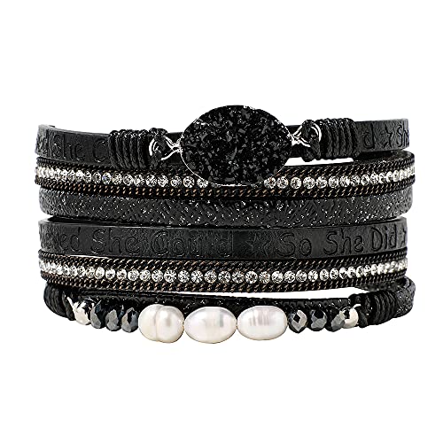 Artilady Leather Wrap Bracelets for Women - Pearl Bracelets Handmade Clasp Bangle Bracelet with Beads Jewelry Gift for Women and Mother - style: So She Did, Black