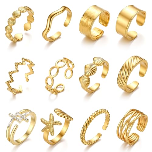 Liliaafar 12 Pcs Gold Open Toe Rings Set for Women High Color Retention Adjustable Toe Band Knuckle Ring Summer Beach Party Foot Jewelry