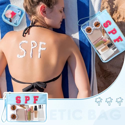 Hillban 2 Pcs Clear SPF Makeup Bag Chenille Letter Patch Sunscreen Bag Preppy Pouch Clear Cosmetic Toiletry Zipper Pouch Summer Beach Pool Sunscreen Purse - style: Spf Theme