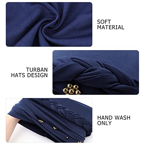 African Women Turban Caps Pre-Tied Twisted Turbans Head Scarf for Women Hair Wraps Cover Beanie Cancer Chemo Headwear - color: 1 Pack Twisted Braid: Gold Bead Navy