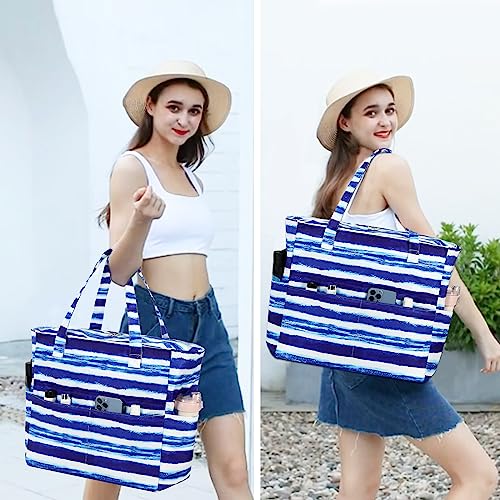 Bluboon Waterproof Beach Tote Pool Bags for Women Ladies Extra Large Carry On Bag With Wet Compartment for Weekender Travel - color: Blue White Stripes