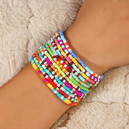 Colorful Stackable Seed Beaded Bracelets Set For Women, Boho Handmade Trendy Cute Stretch Accessories ball Glass Versatile Candy Jewelry, Summer Beach Daily Party Holiday Friendship Gift - color: Rainbow