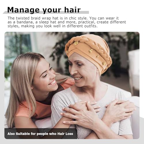 African Women Turban Caps Pre-Tied Twisted Turbans Head Scarf for Women Hair Wraps Cover Beanie Cancer Chemo Headwear - color: 1 Pack Twisted Braid: Gold Bead Khaki