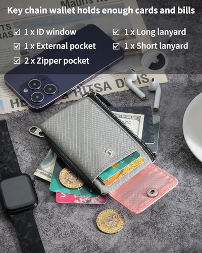 Artpaxy Minimalist Wallet For Mens Womens, Keychain RFID Blocking Zipper Small Wallet with ID Window 2 Lanyards,Water Resistant Travel Cash Card Coin Case Boys Girls - color: Light pink+Grey, style: Casual