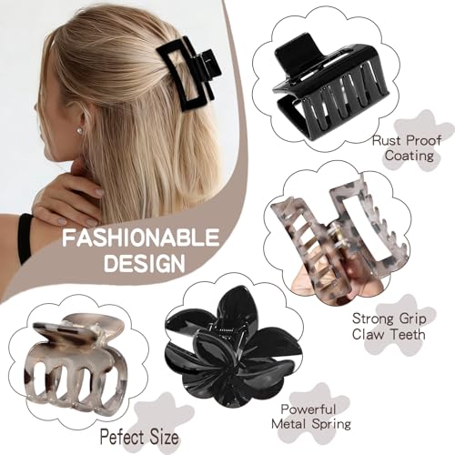 8 Pcs Neutral Matte Hair Claw Clips Set, Strong Hold Non-Slip Jaw Clips for Women Girls, Rectangle & Flower Design Hair Clips for Thick/Thin Hair, Daily & Styling Accessories（Black & Leopard) - color: Black-Leopard