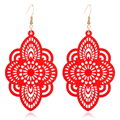 Bohemian Wood Earrings Natural Retro Lightweight Hollow Pattern Geometric Wooden Dangle Drop Earrings Statement Vintage Jewelry - color: Red