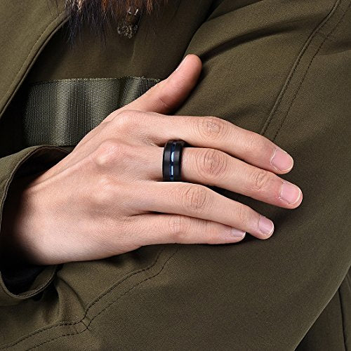 King Will Mens Tungsten Rings for Men Two Tone Grooved Mens Wedding Band Cool - color: Black & Blue 10mm
