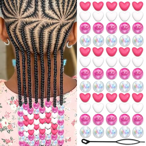60PCS Heart Hair Beads Hot Pink Loc Bead for Kids Girls Clear White AB Color Round Beads Cute Acrylic Hair Bead Accessories for Valentine's Day - color: Hot Pink&White